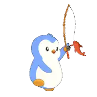 a blue and white penguin is holding a fishing rod with a fish on it