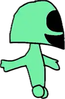 a cartoon drawing of a green alien with a helmet on .