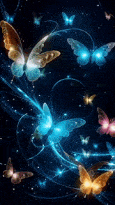 a group of butterflies are flying in a dark blue sky
