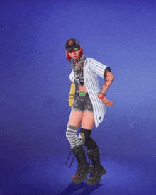 a girl with red hair is wearing a striped jacket and shorts with skulls on them