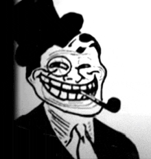 a black and white drawing of a mickey mouse troll with a pipe in his mouth .