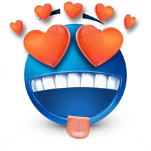 a blue smiley face with orange hearts in its eyes