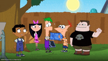 a group of cartoon characters from phineas and ferb are standing in front of a fence