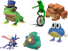 a frog wearing a top hat is next to a frog on a unicycle