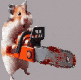 a hamster is holding a chainsaw with blood on the chains .
