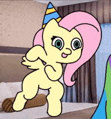 a cartoon pony wearing a party hat is standing in a bedroom
