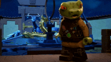 a lego lizard is standing in front of a dragon statue