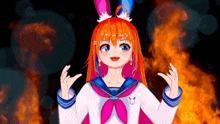 a girl with red hair and bunny ears stands in front of a fire