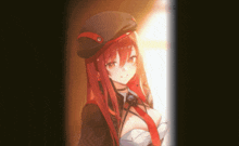 a girl with red hair wearing a hat