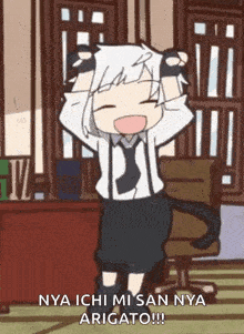 a cartoon character is dancing and says nya ichi mi san nya arigato