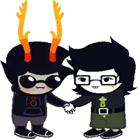 a pixel art drawing of two characters shaking hands with one wearing a shirt with the letter g on it