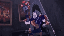 a cartoon character is holding a sword in his hand
