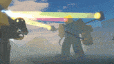 a cartoon drawing of a robot with a rainbow colored light coming out of it 's eyes