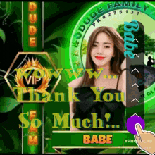 a picture of a woman with the words " thank you so much babe " on it