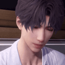 a close up of a man 's face with a white shirt on