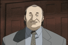 a man in a suit and tie is smiling in front of a door