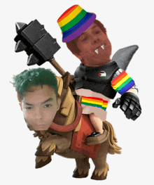 a man wearing a rainbow hat is riding on the back of a toy horse