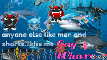 a picture of sharks and skeletons with the caption " anyone else like men and sharks kiss me "