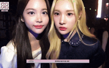 two girls are posing for a picture and one of them has the word jimin on the bottom right corner