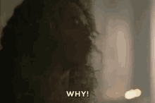 a woman with curly hair is looking at the camera and saying `` why '' .