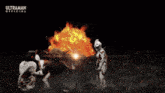 a person is being struck by a lightning bolt while standing in the dark .