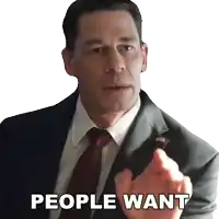 a man in a suit and tie is pointing with the words people want below him