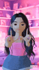a cartoon girl with long black hair and pink nails