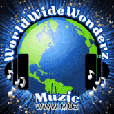 a logo for worldwide wonderz music shows a globe and headphones