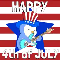a penguin playing a guitar with the words happy 4th of july below it