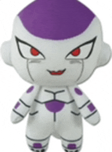 a white and purple stuffed animal with red eyes and a purple head