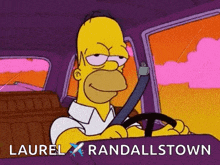 homer simpson is driving a purple car with the words laurel randalltown written on the bottom .