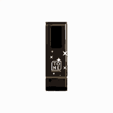 a black lipstick container with a white logo on it .