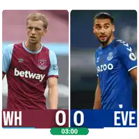two soccer players from west ham and everton are shown