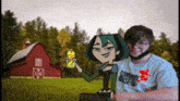 a boy is standing next to a cartoon character with a red barn in the background