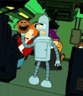 a cartoon of bender from futurama standing next to a group of people