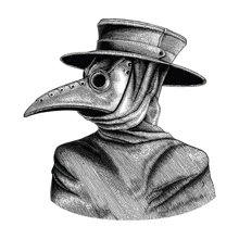a black and white drawing of a plague doctor wearing a top hat