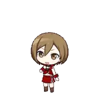 a cartoon of a girl with brown hair and brown eyes wearing a red outfit .