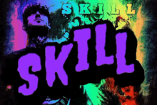 a man is standing in front of a purple sign that says skill