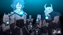 a group of cartoon characters are standing next to each other and the letters jk are on the bottom