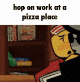 a cartoon character is sitting at a table holding a book and a pizza box .