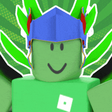 a green roblox character wearing a blue helmet and a green shirt