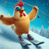 a chicken wearing sunglasses is skiing down a snow covered slope