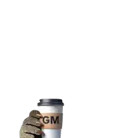 a cup with a gm sticker on it