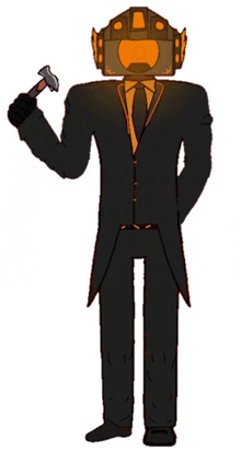 a man in a suit is holding a hammer in his hand