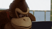 donkey kong is looking at a computer screen