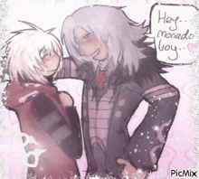 a drawing of two anime characters with the words hey monade boy written on the bottom