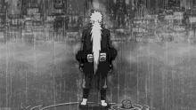 jiraiya from naruto is standing in the rain in a black and white image .