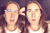 a woman wearing glasses and a white shirt with the hashtag katiebffr