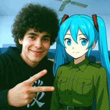 a man giving a peace sign next to a cartoon girl with blue hair
