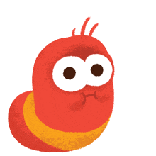 a red and yellow cartoon character with a surprised look on his face